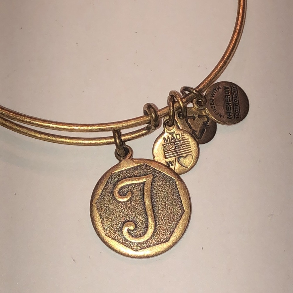 Alex and Ani Aged Gold Tone Initial T Charm Bangle Bracelet